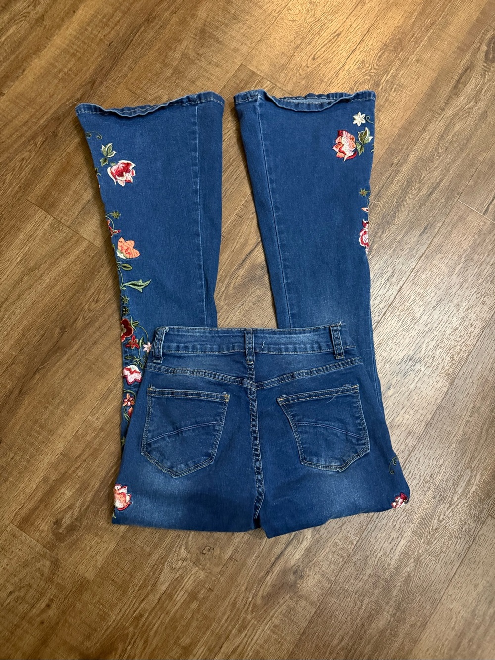 BAMBOO Dark Blue Embroidered Floral Flare Jeans - Picture 7 of 9